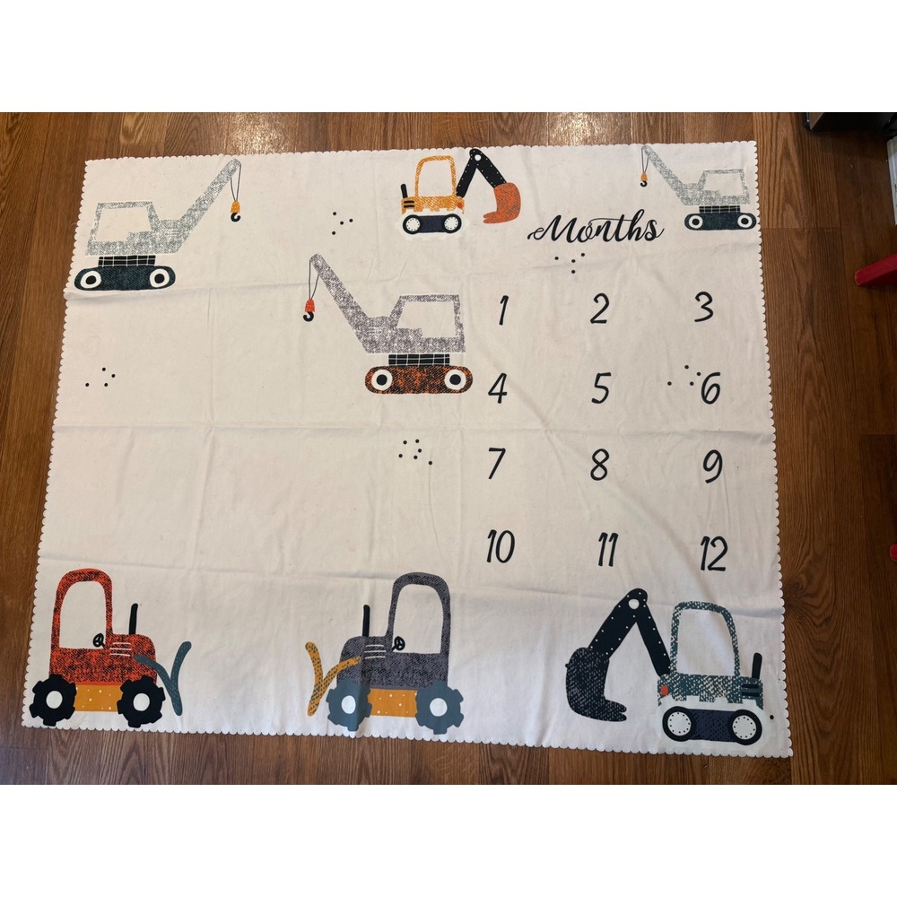 Unbranded Milestone Mat Kids OS White Construction Truck Scalloped Edge Blanket